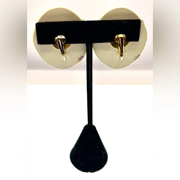 Vintage Porcelain Painted Oval Clip On Earrings Abstract Design - Picture 6 of 7